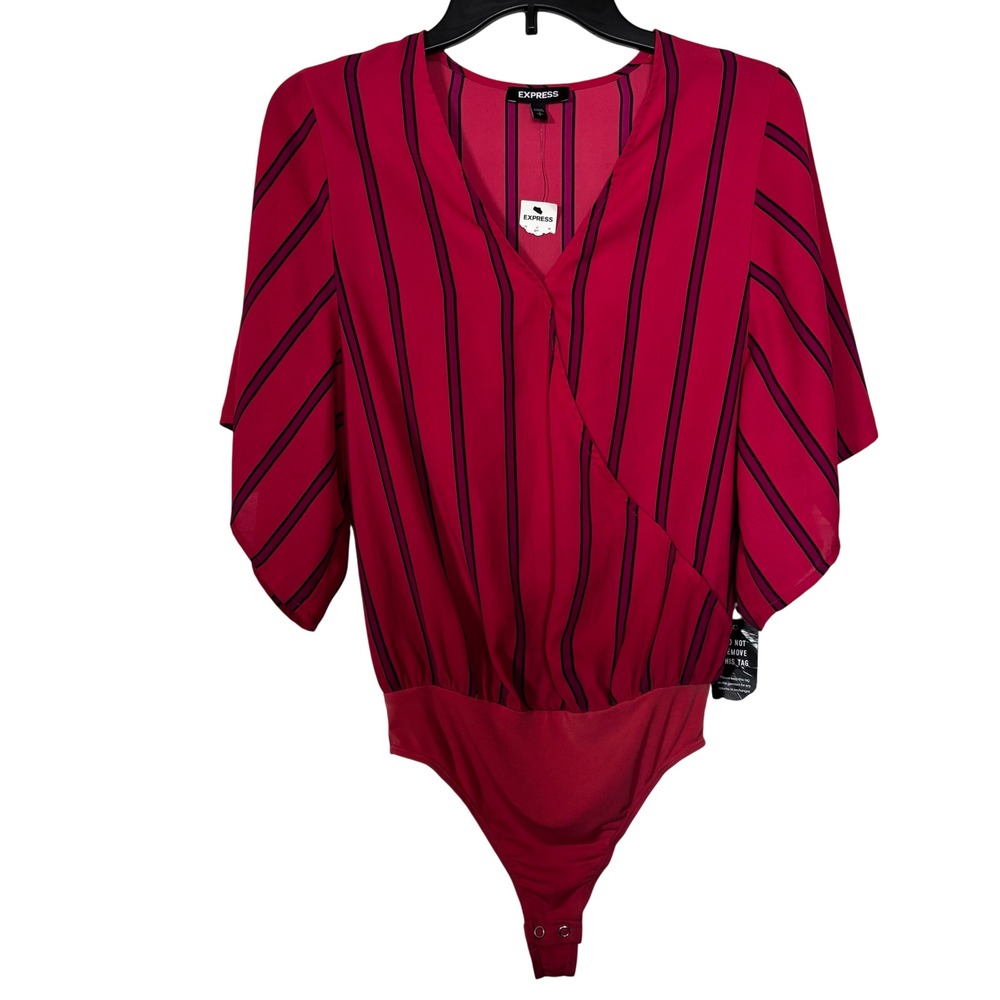 Express Women's Blouse Bodysuit Small NWT Striped V-Neck Short Sleeves Stylish‎